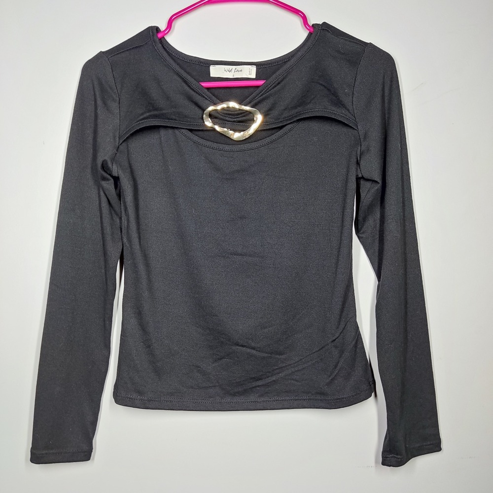 Wild Love Top Womens Small Black Cutout Buckle Long Sleeve Gold Hardware Blouse